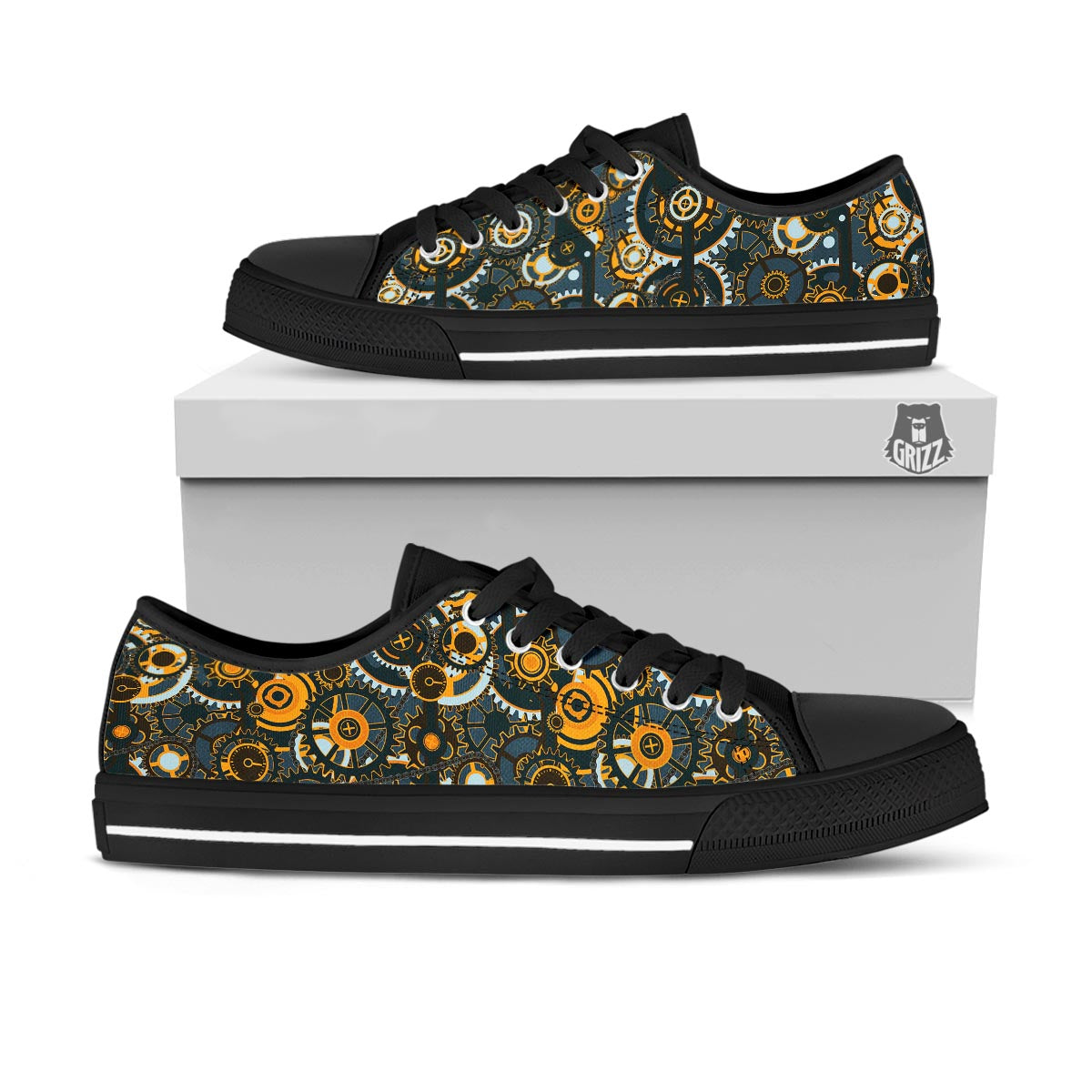 Steampunk Gears Print Pattern Black Low Top Shoes-grizzshop