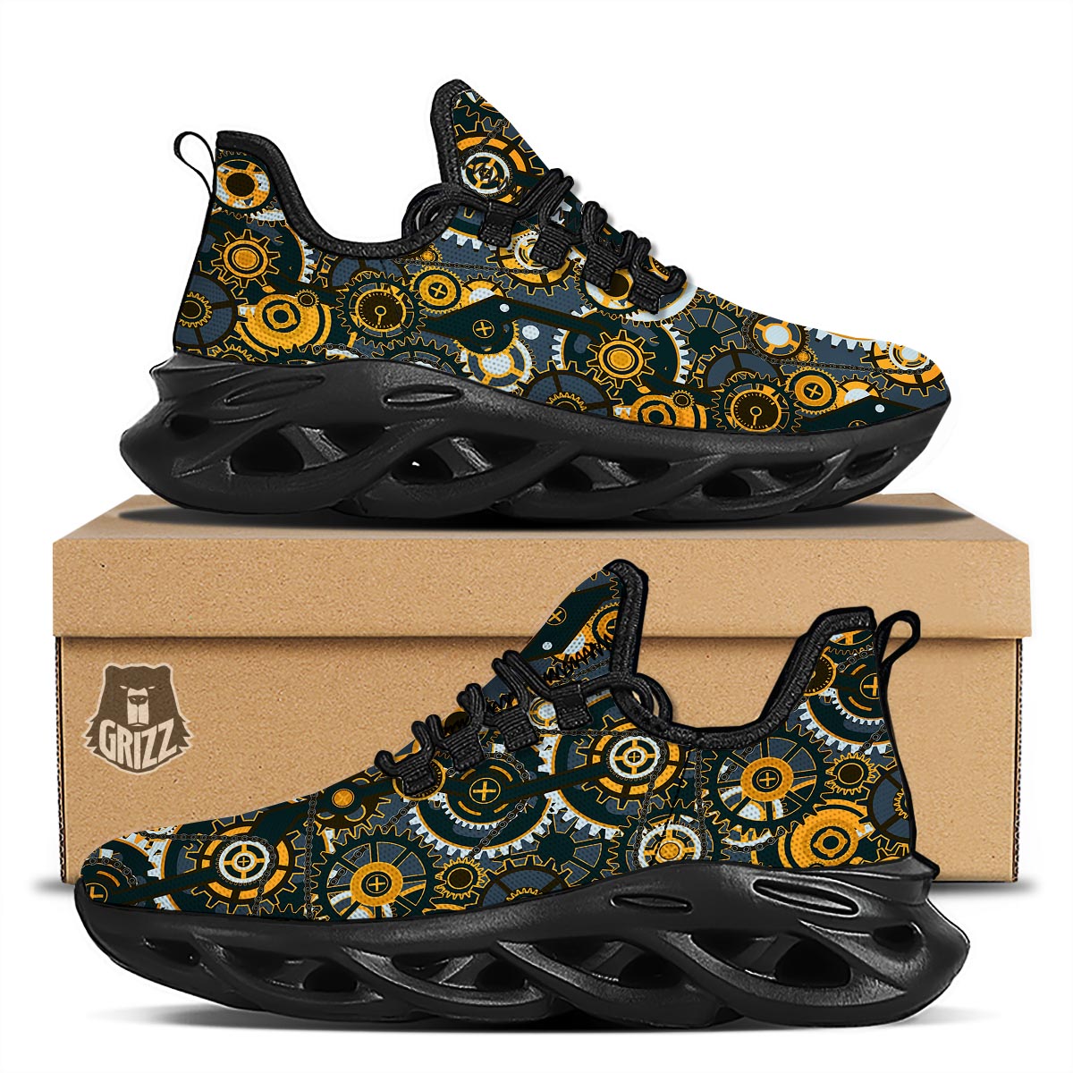 Steampunk Gears Print Pattern Black Running Shoes-grizzshop