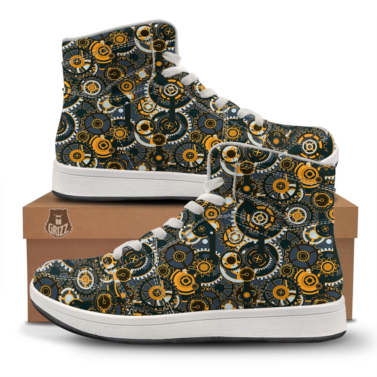 Steampunk Gears Print Pattern High Top Sneakers-grizzshop