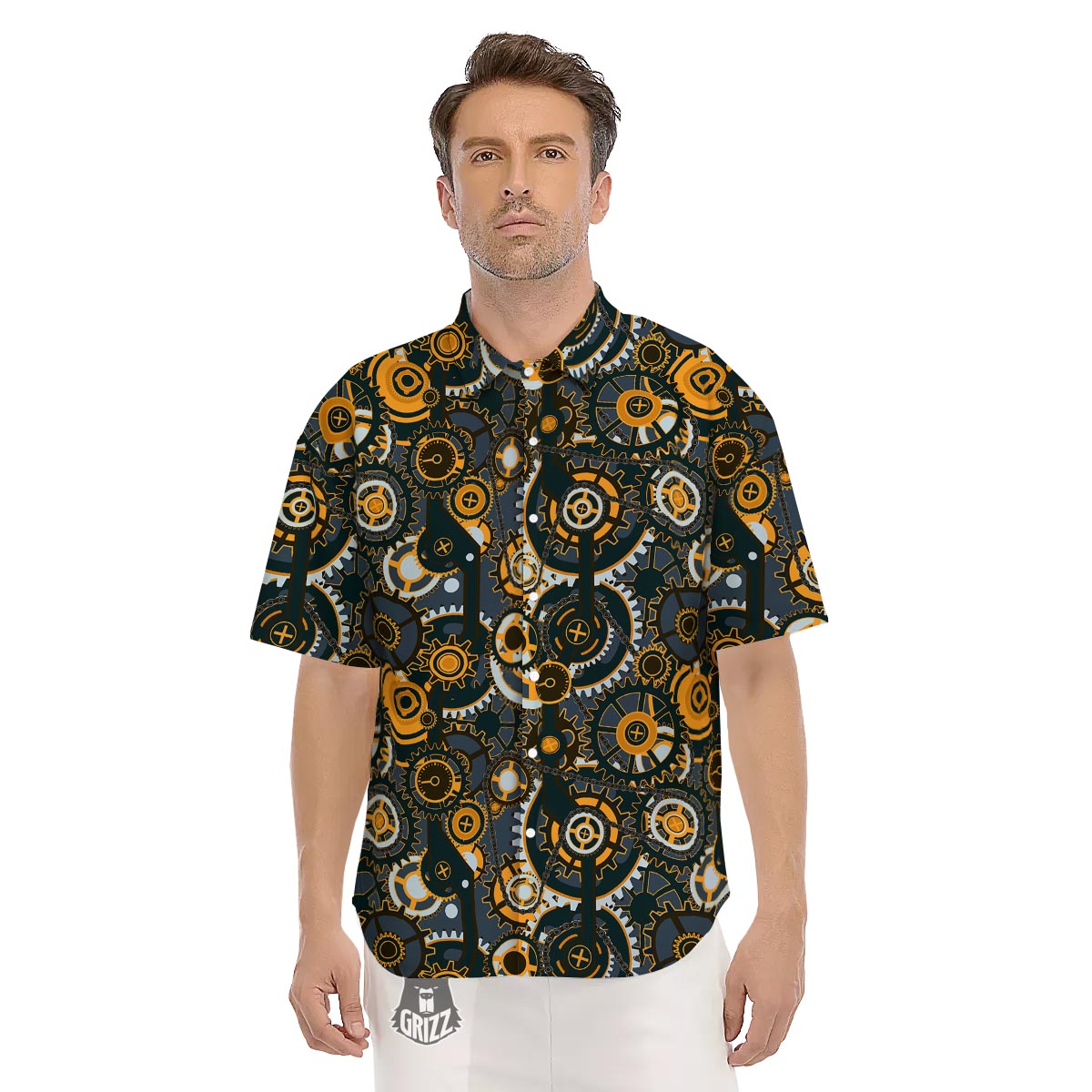 Steampunk Gears Print Pattern Men's Short Sleeve Shirts-grizzshop