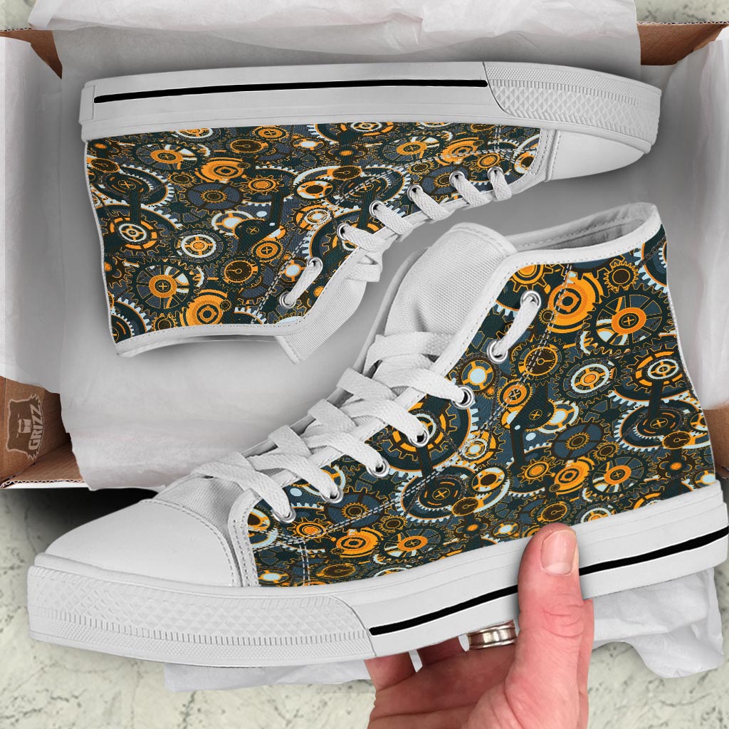 Steampunk Gears Print Pattern White High Top Shoes-grizzshop