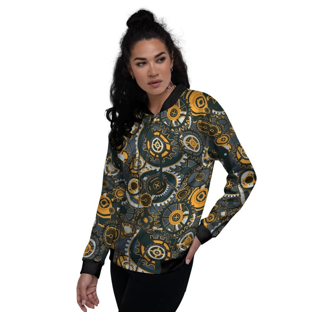 Steampunk Gears Print Pattern Women's Bomber Jacket-grizzshop