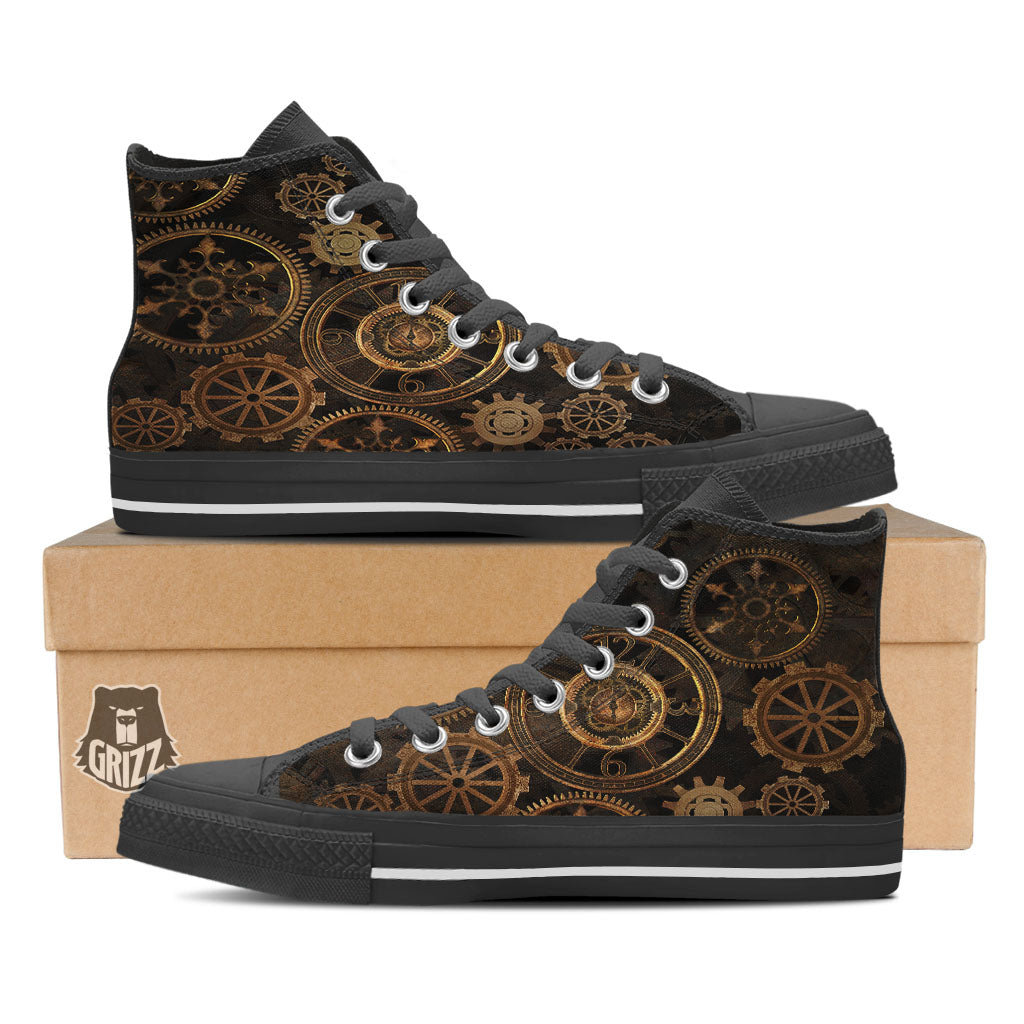 Steampunk Gears Vintage Print Black High Top Shoes-grizzshop