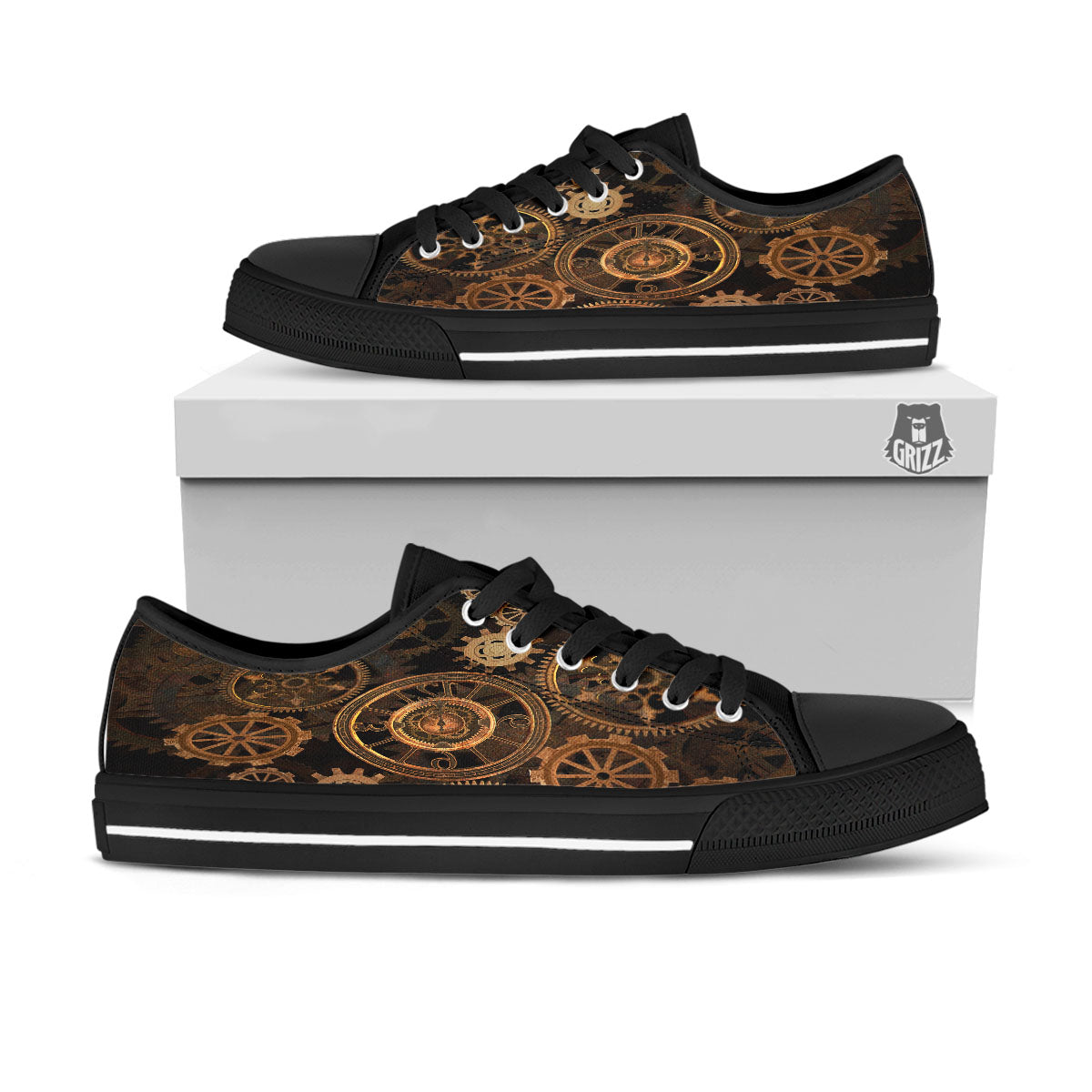 Steampunk Gears Vintage Print Black Low Top Shoes-grizzshop