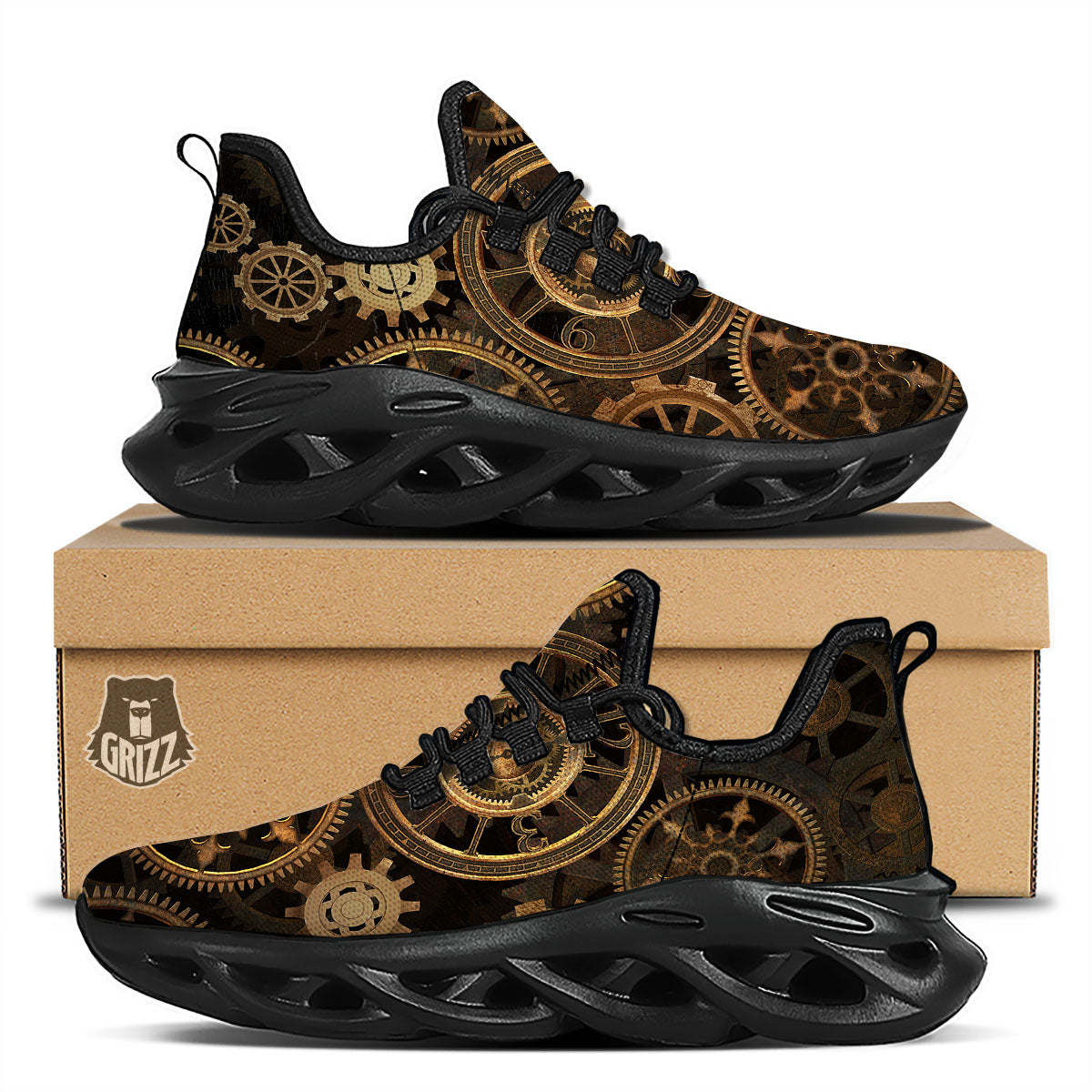 Steampunk Gears Vintage Print Black Running Shoes-grizzshop