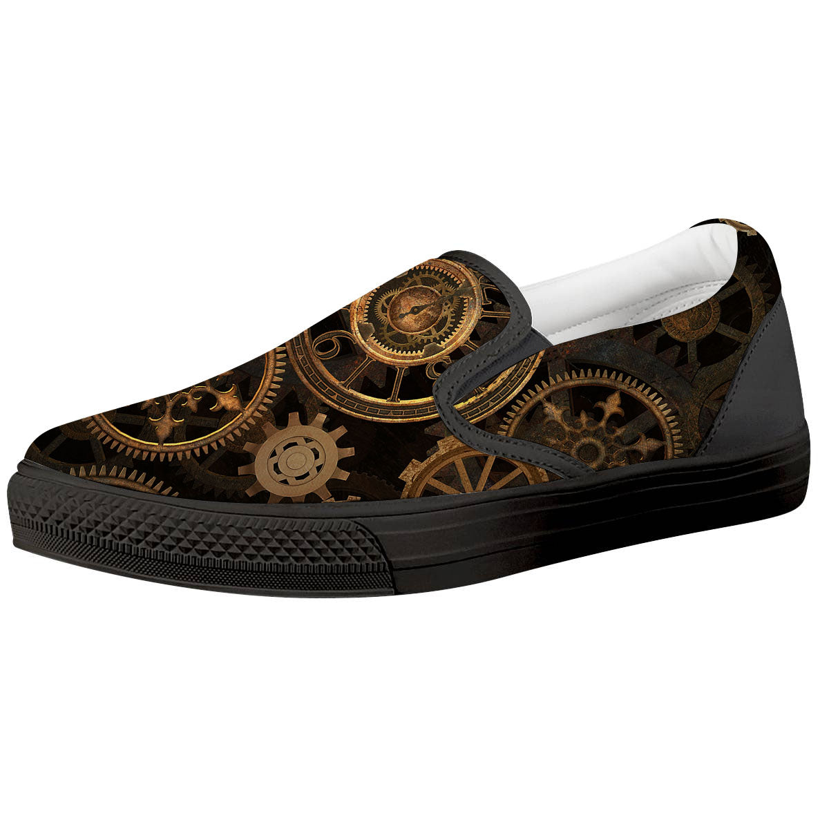 Steampunk Gears Vintage Print Black Slip On Shoes-grizzshop