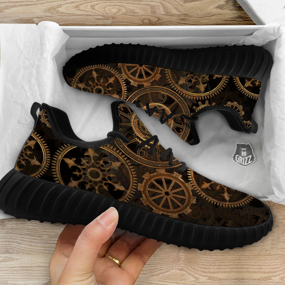 Steampunk Gears Vintage Print Black Walking Shoes-grizzshop