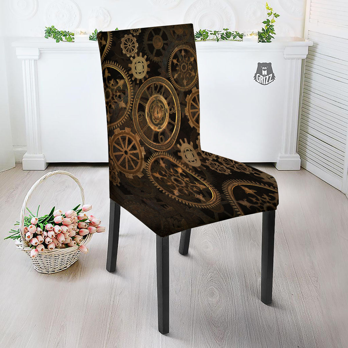 Steampunk Gears Vintage Print Dining Chair Slipcover-grizzshop