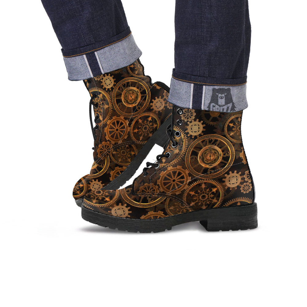 Steampunk Gears Vintage Print Leather Boots-grizzshop
