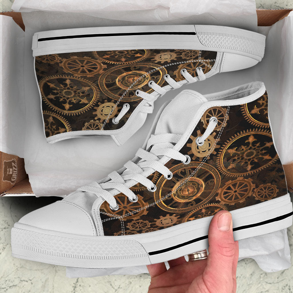 Steampunk Gears Vintage Print White High Top Shoes-grizzshop