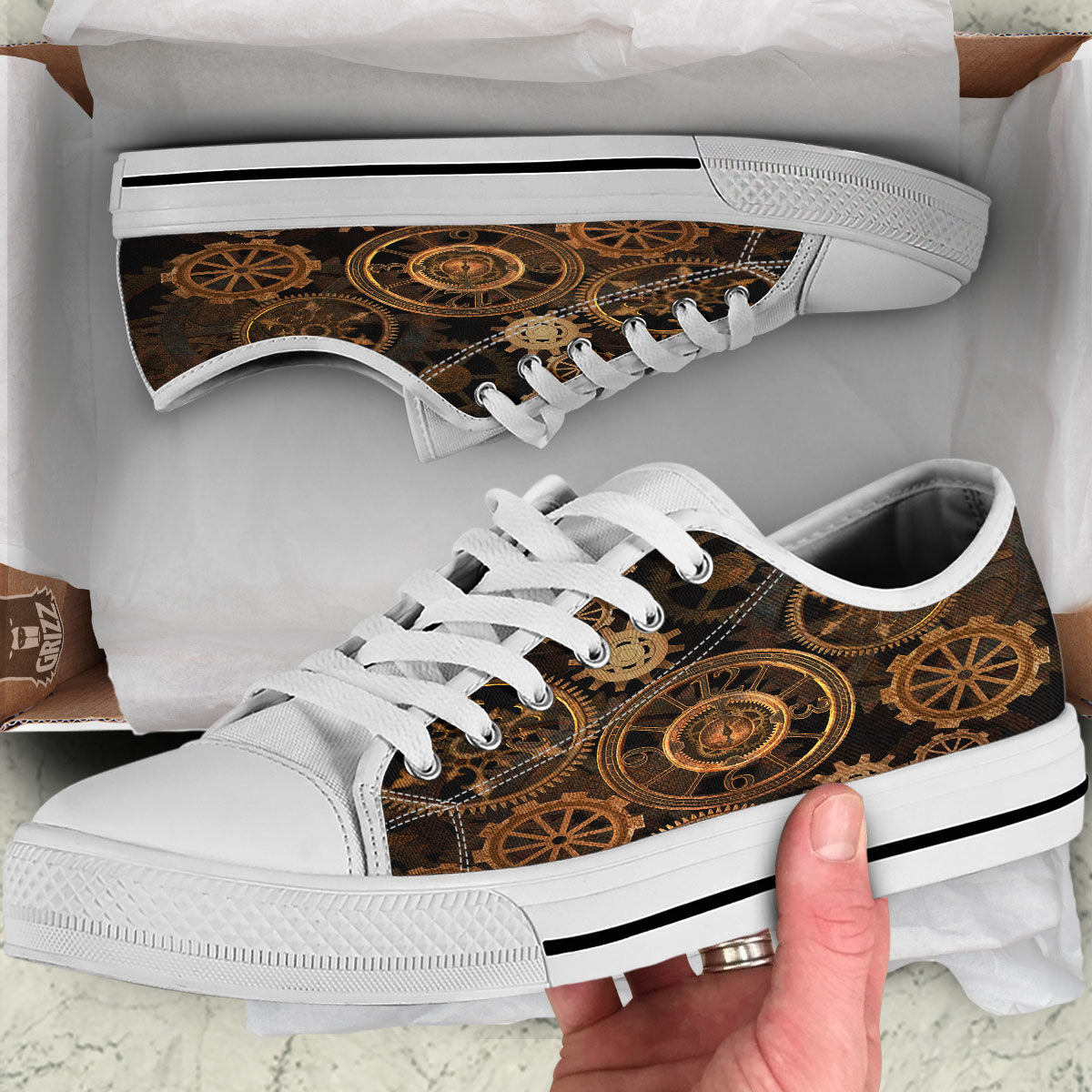 Steampunk Gears Vintage Print White Low Top Shoes-grizzshop