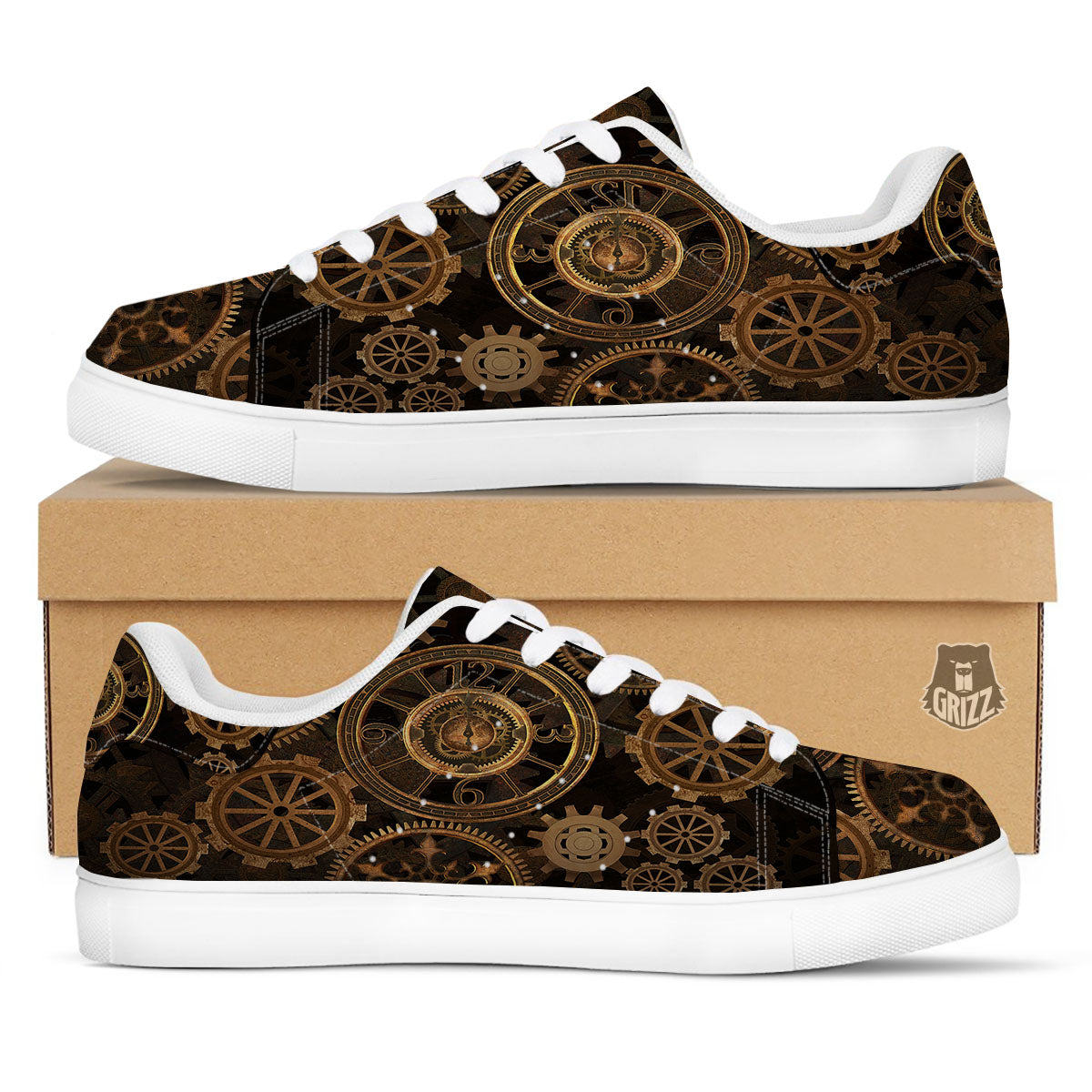 Steampunk Gears Vintage Print White Low Top Sneakers-grizzshop