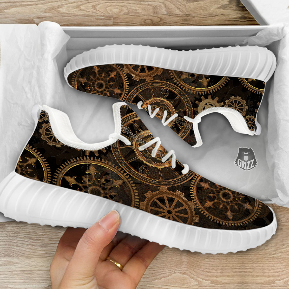 Steampunk Gears Vintage Print White Walking Shoes-grizzshop