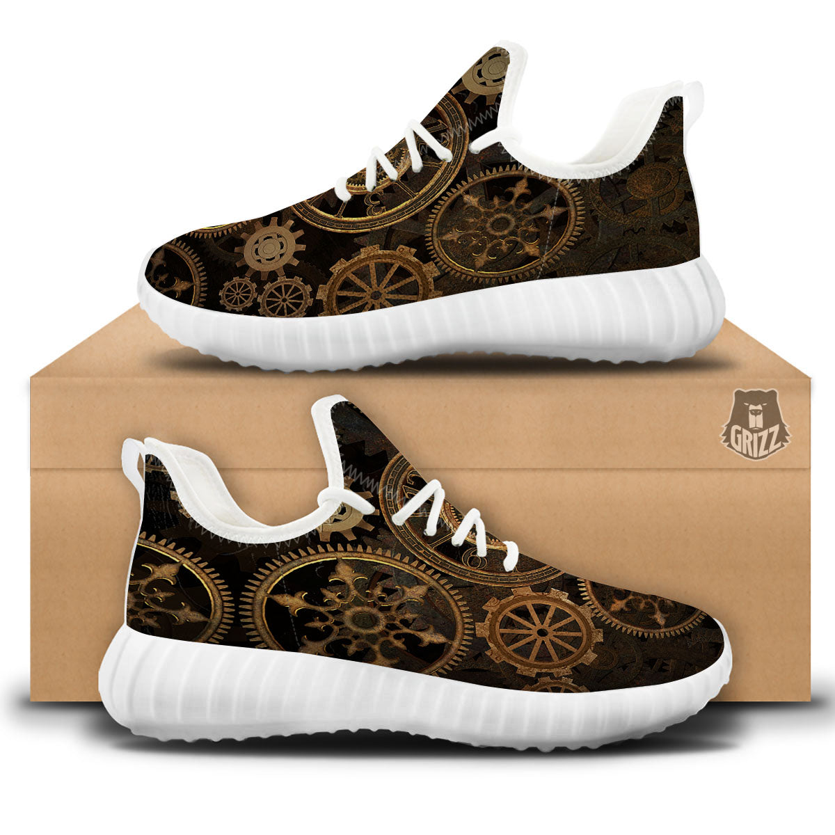Steampunk Gears Vintage Print White Walking Shoes-grizzshop