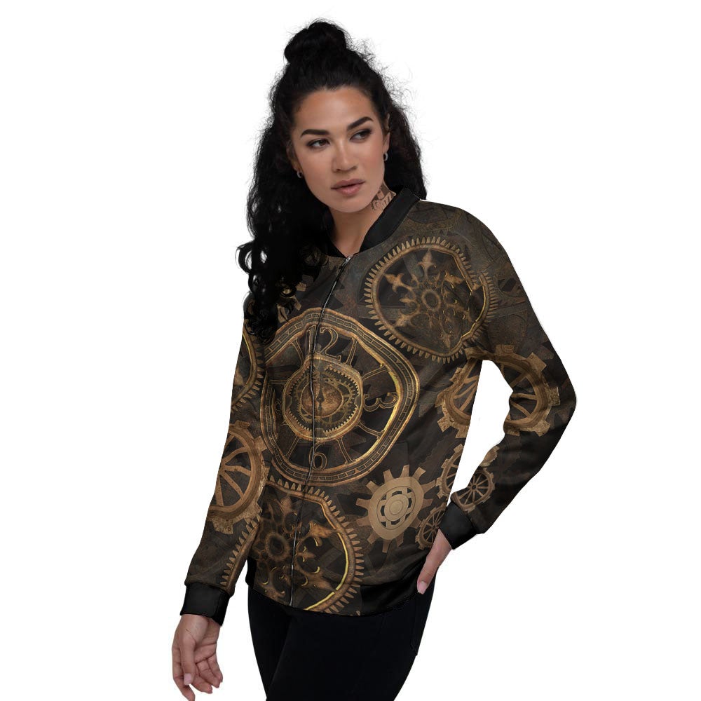 Steampunk Gears Vintage Print Women's Bomber Jacket-grizzshop