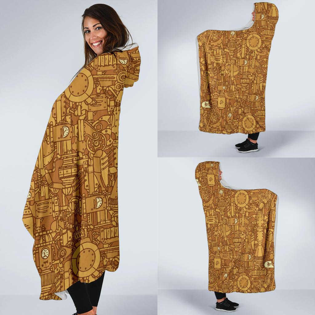 Steampunk Pattern Print Hooded Blanket-grizzshop