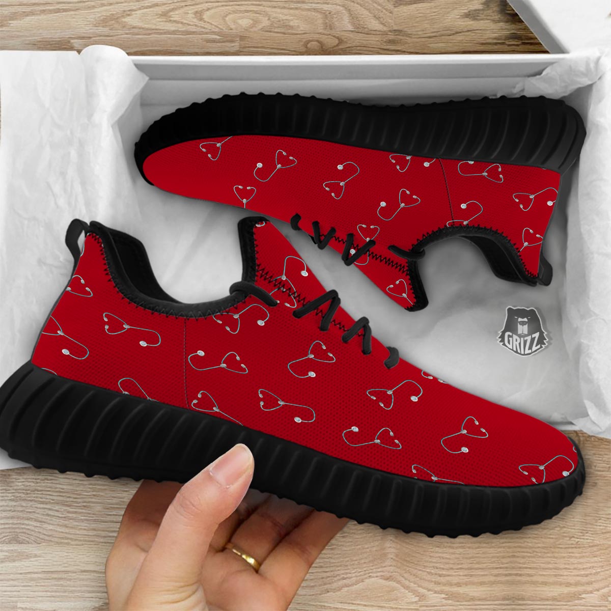 Stethoscope Red Print Pattern Black Walking Shoes-grizzshop