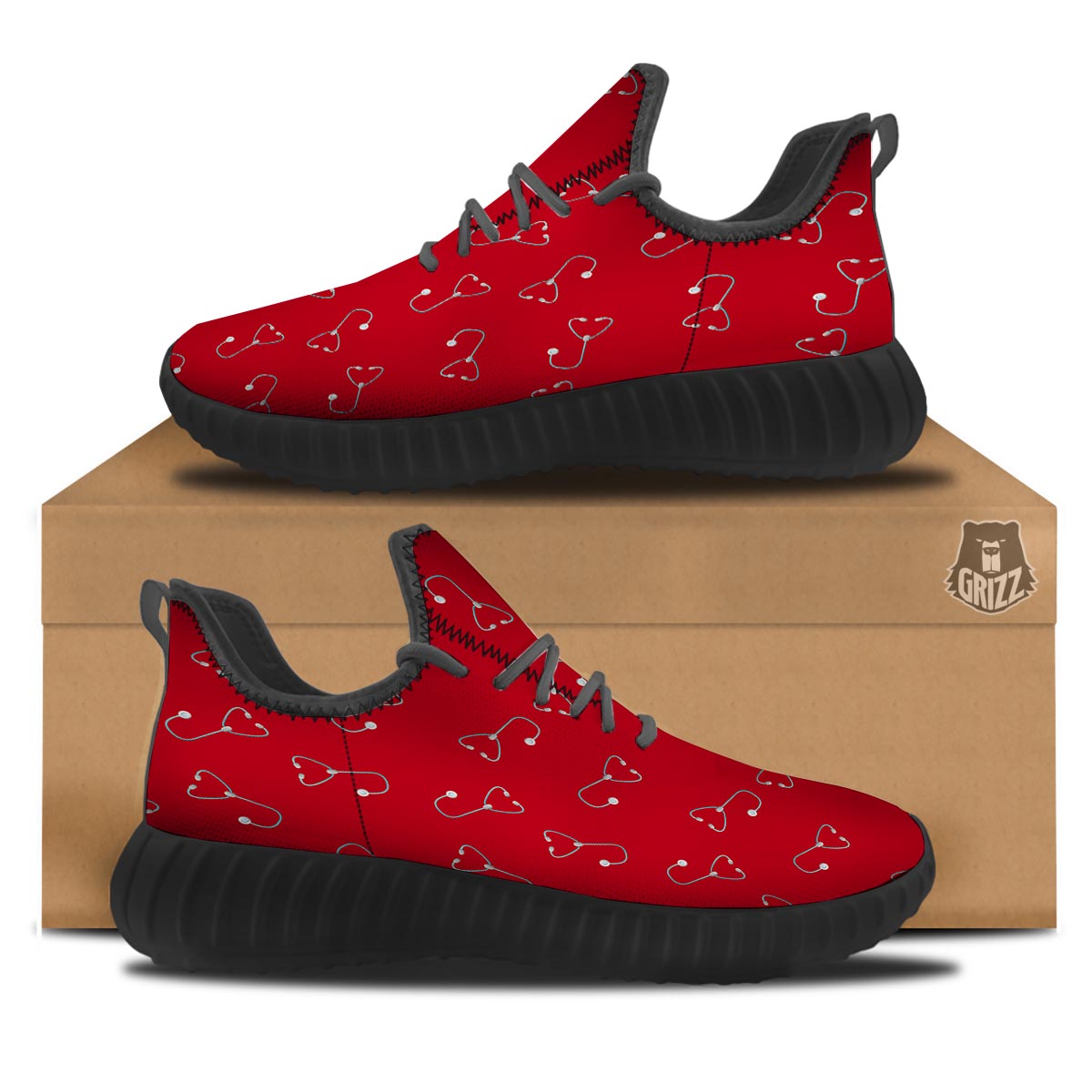 Stethoscope Red Print Pattern Black Walking Shoes-grizzshop