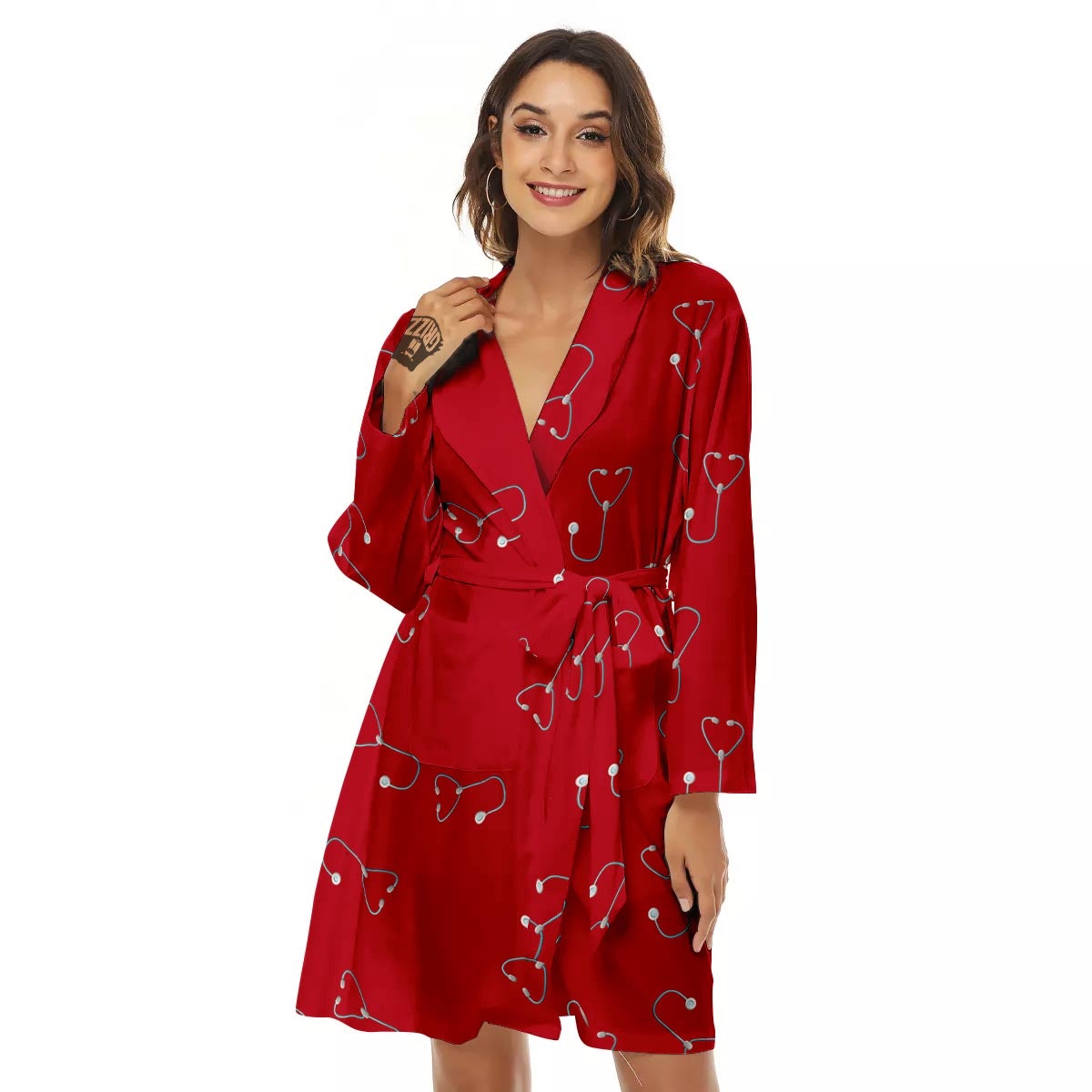 Stethoscope Red Print Pattern Women's Robe-grizzshop