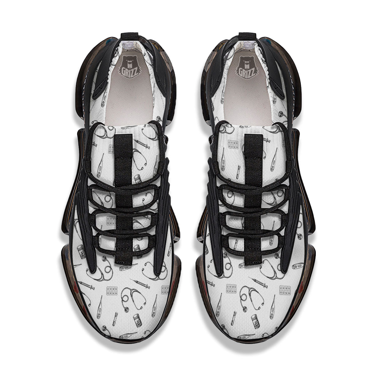 Stethoscope White And Black Print Pattern Black Gym Shoes-grizzshop