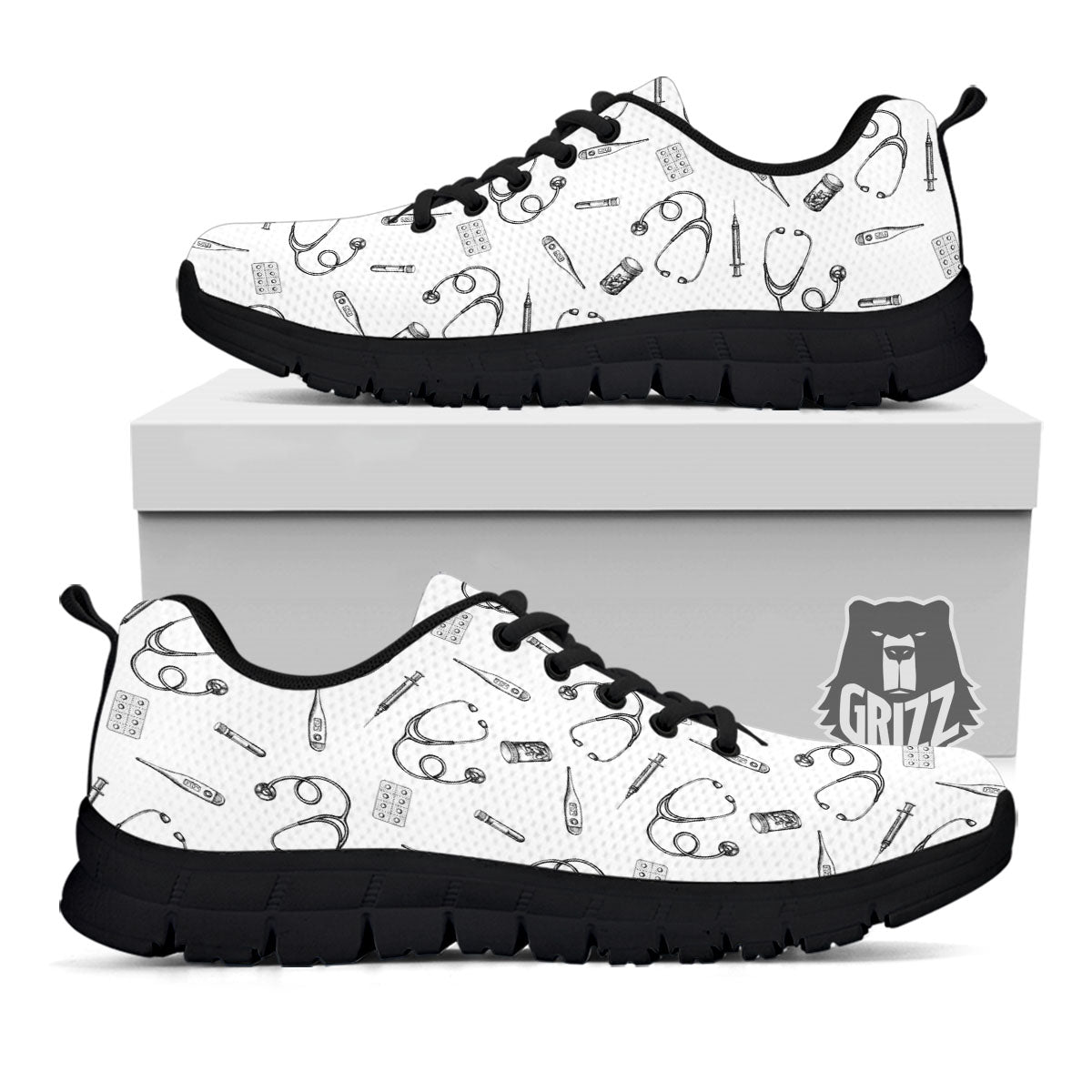 Stethoscope White And Black Print Pattern Black Sneaker-grizzshop