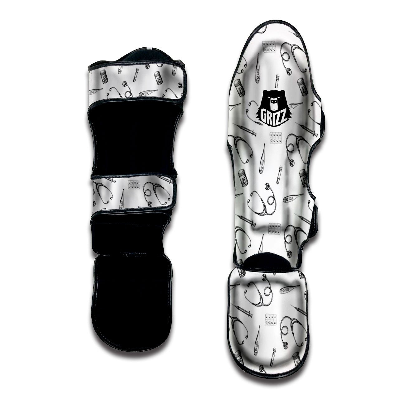 Stethoscope White And Black Print Pattern Muay Thai Shin Guards-grizzshop