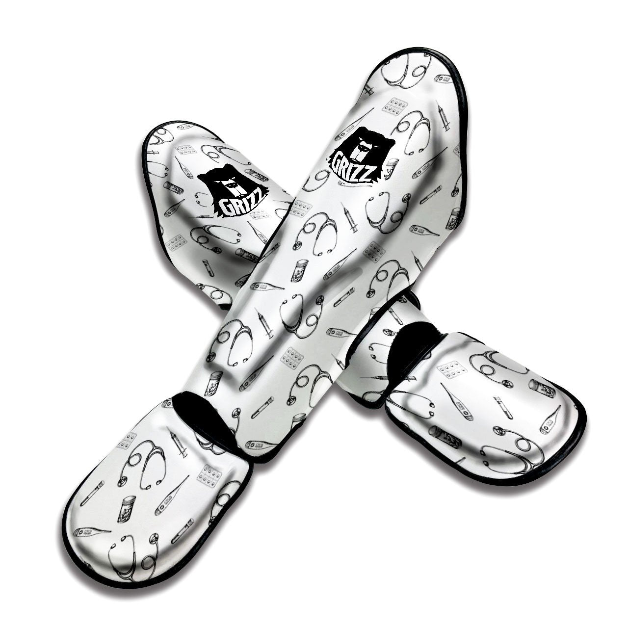 Stethoscope White And Black Print Pattern Muay Thai Shin Guards-grizzshop