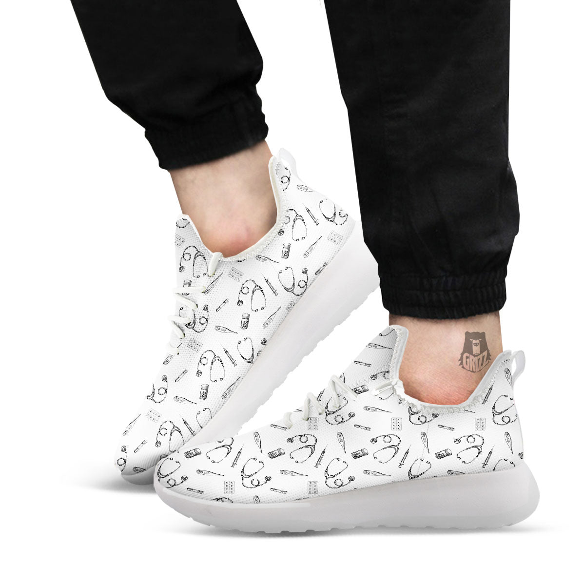 Stethoscope White And Black Print Pattern White Athletic Shoes-grizzshop