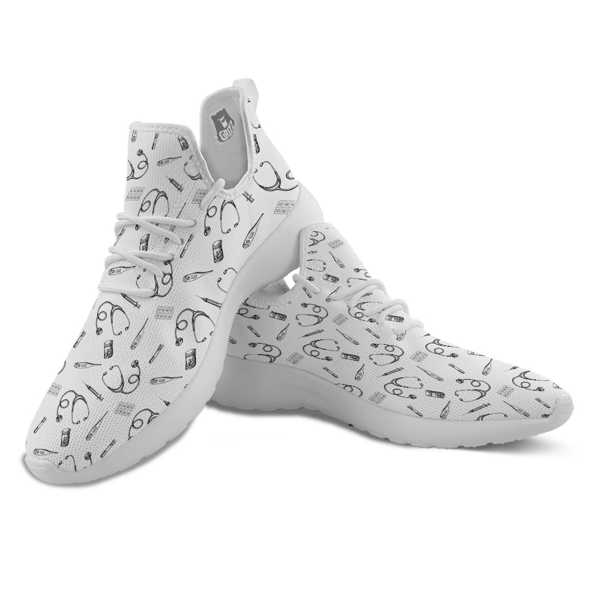 Stethoscope White And Black Print Pattern White Athletic Shoes-grizzshop