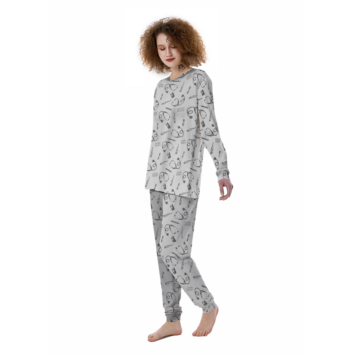 Stethoscope White And Black Print Pattern Women's Pajamas-grizzshop