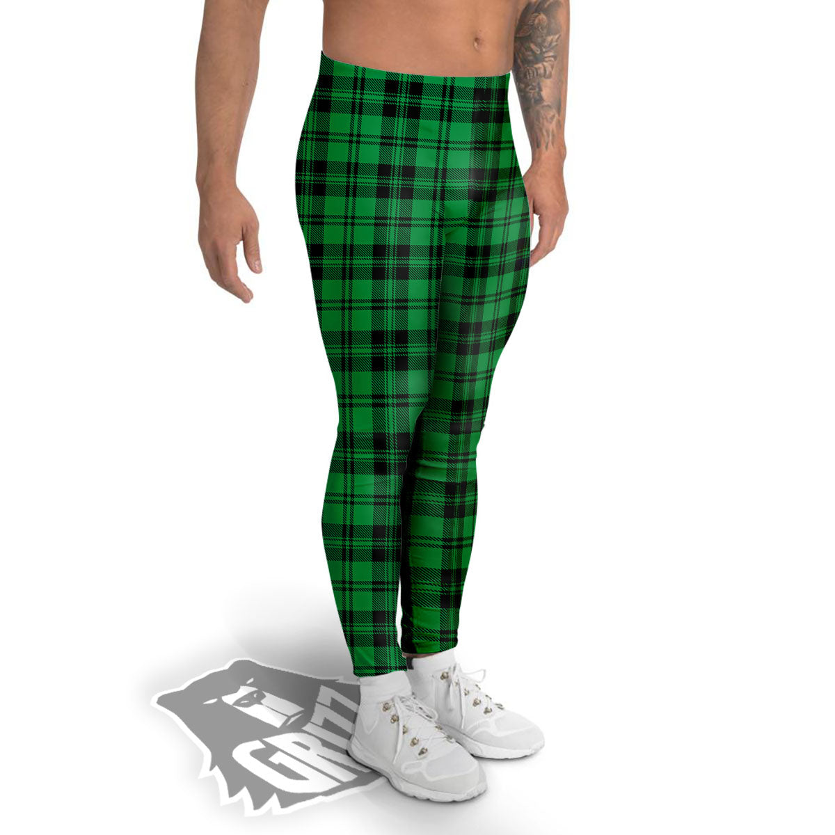 Stewart Tartan Green And Black Print Men's Leggings-grizzshop