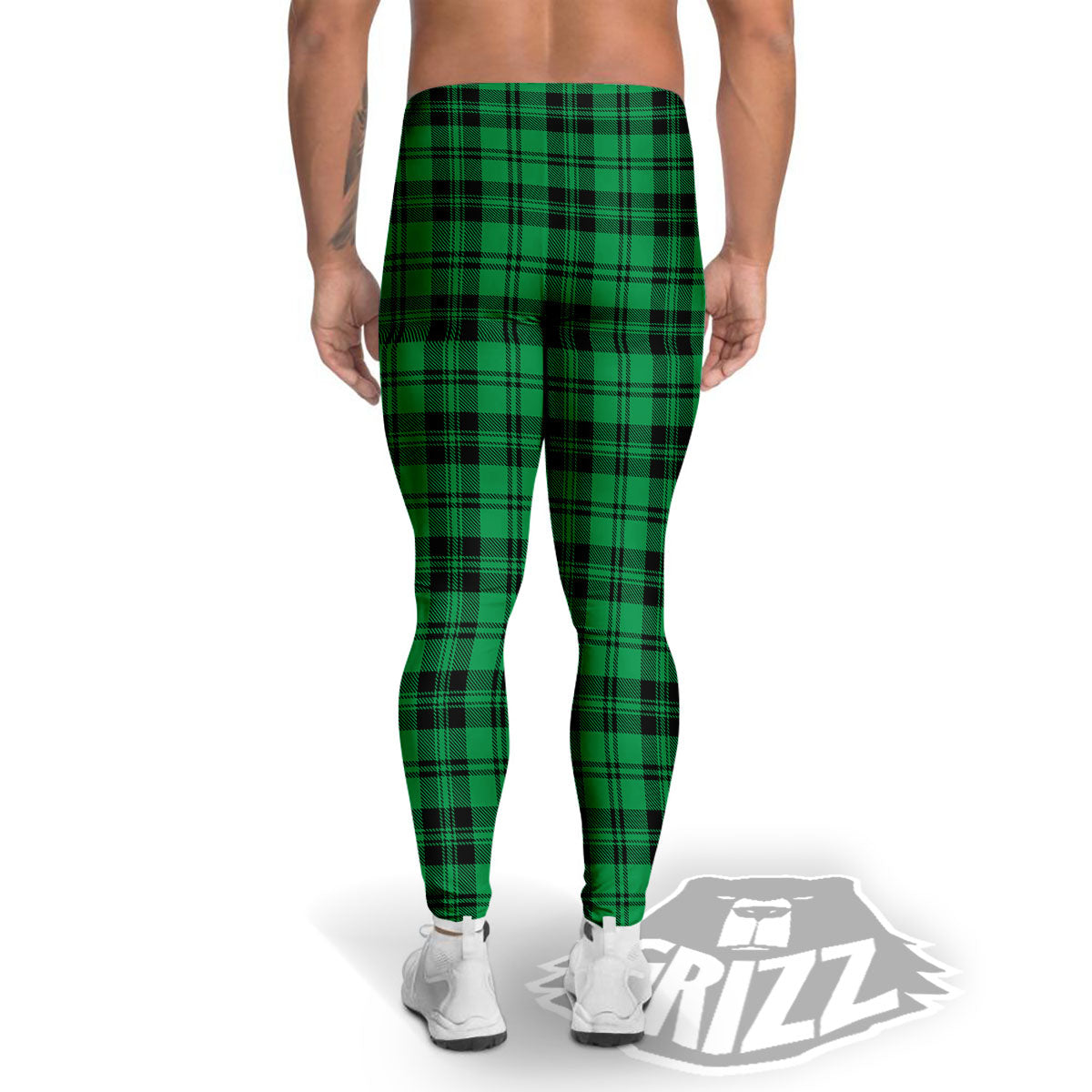 Stewart Tartan Green And Black Print Men's Leggings-grizzshop