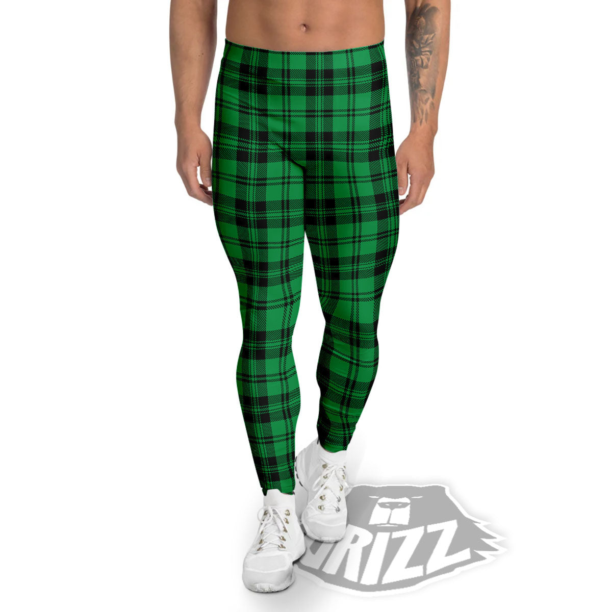 Stewart Tartan Green And Black Print Men's Leggings-grizzshop