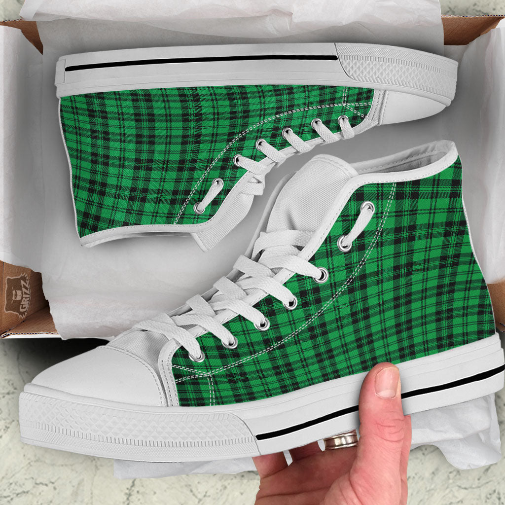 Stewart Tartan Green And Black Print White High Top Shoes-grizzshop