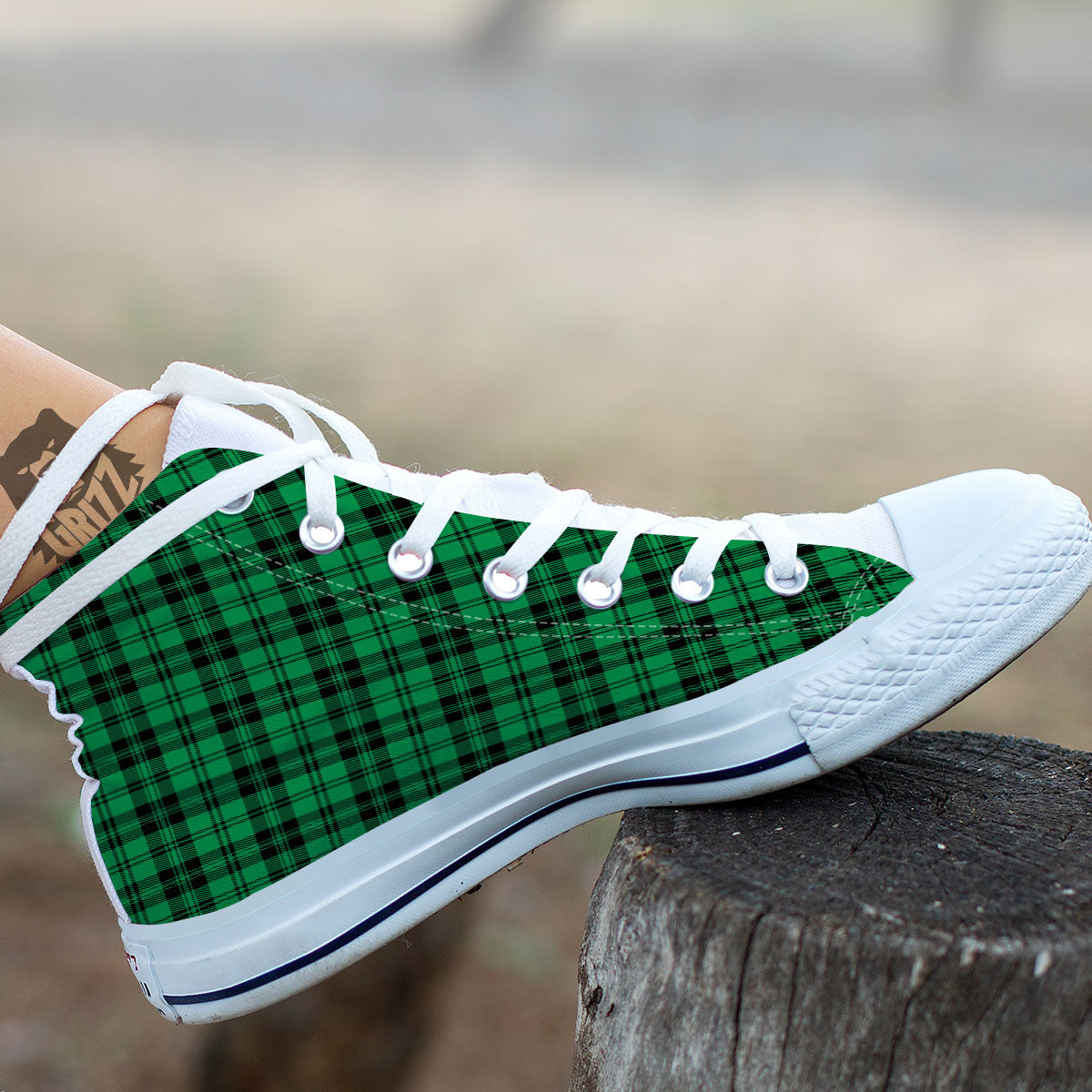 Stewart Tartan Green And Black Print White High Top Shoes-grizzshop