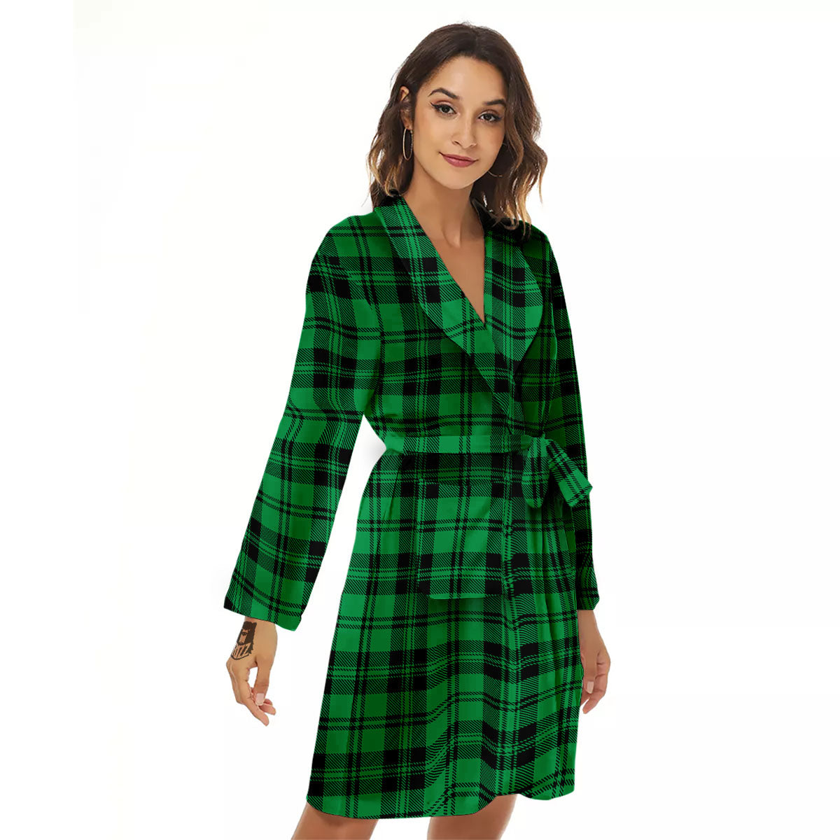 Stewart Tartan Green And Black Print Women's Robe-grizzshop