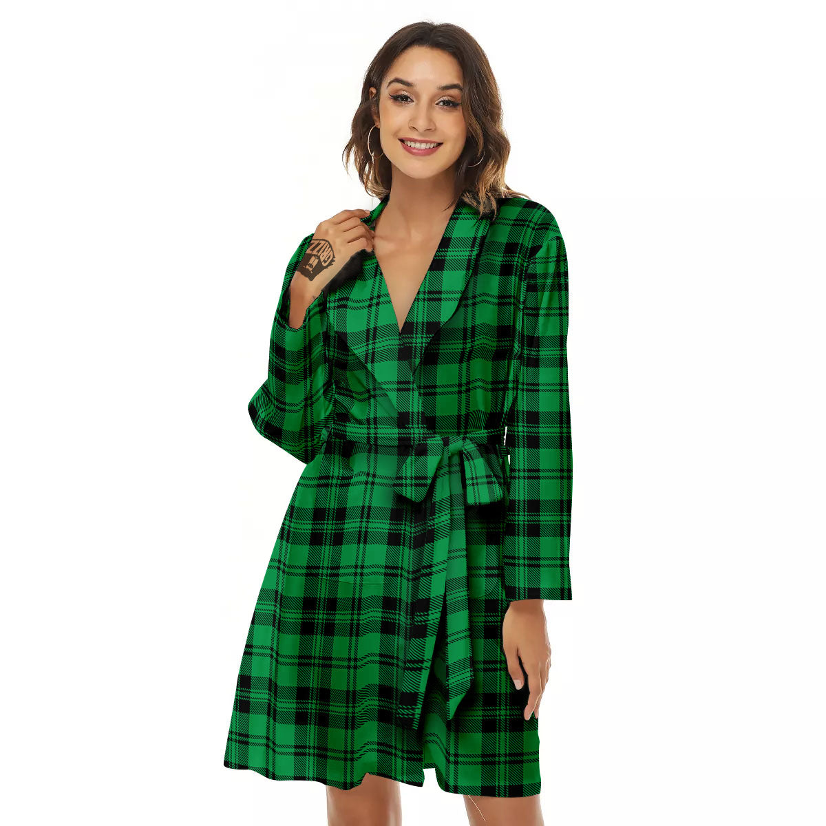 Stewart Tartan Green And Black Print Women's Robe-grizzshop