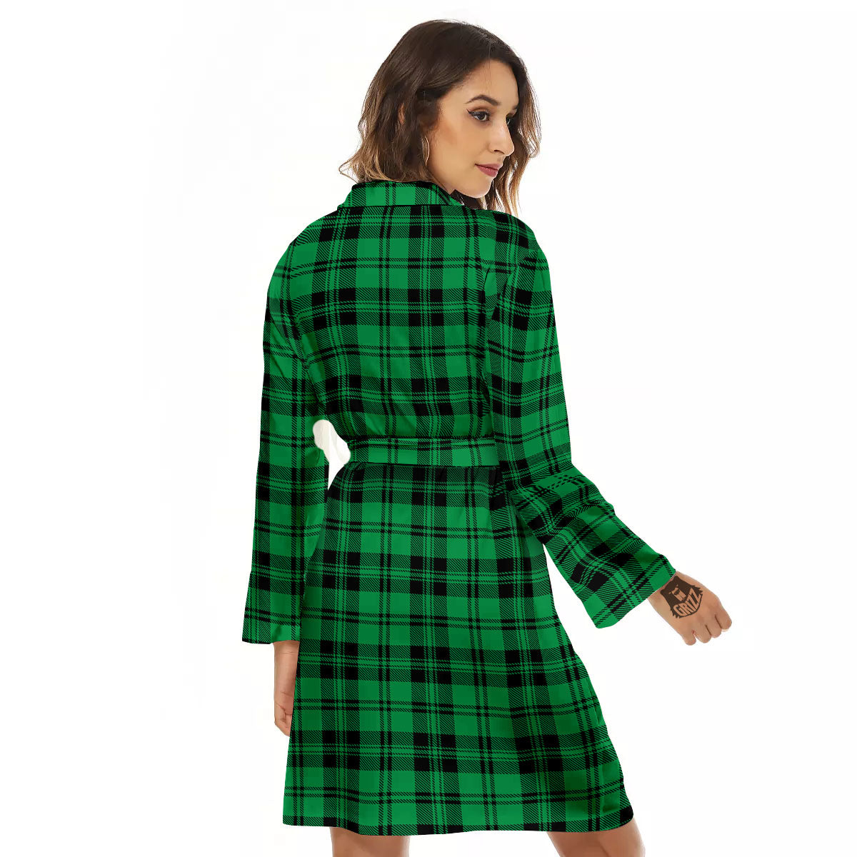 Stewart Tartan Green And Black Print Women's Robe-grizzshop