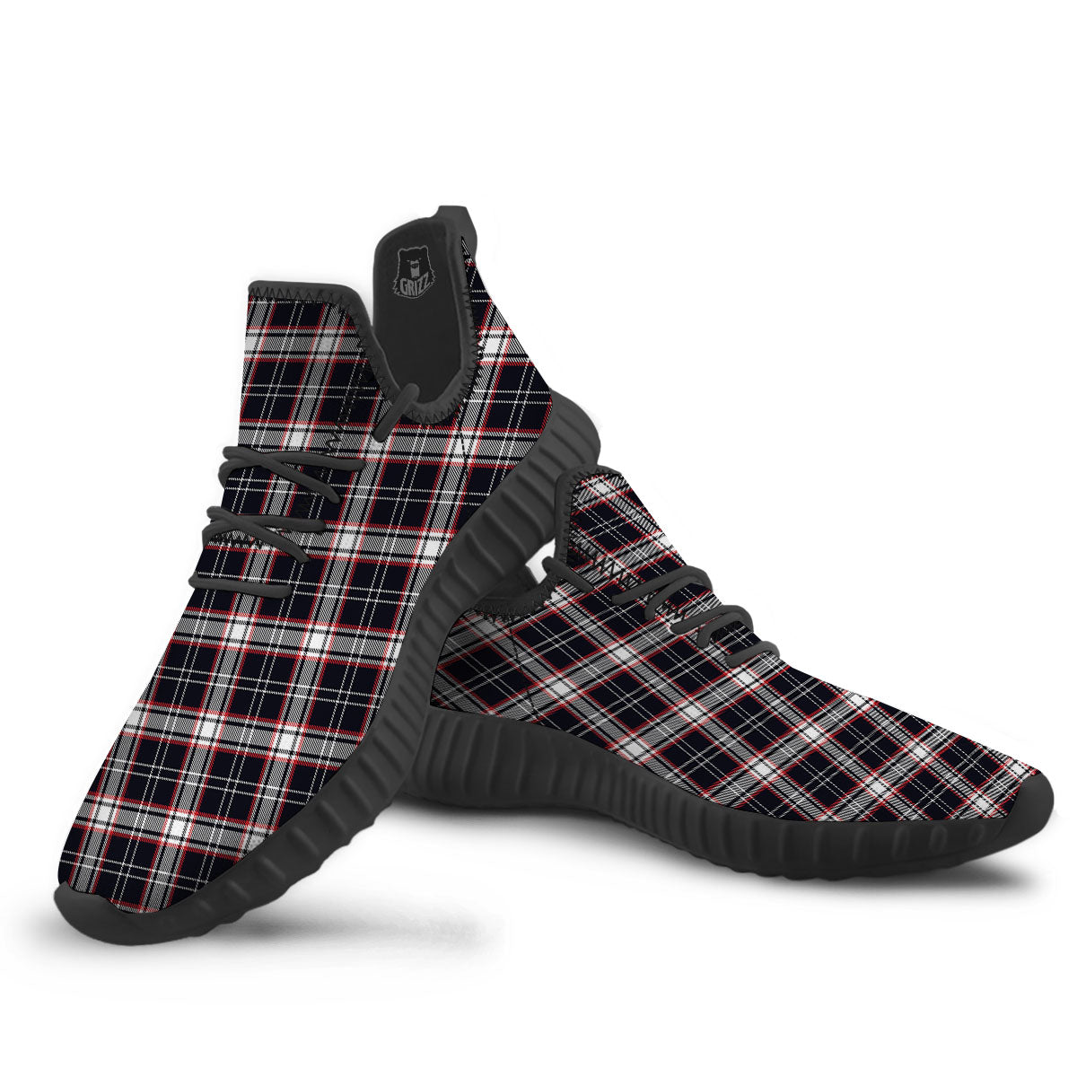 Stewart Tartan Red And Black Print Black Walking Shoes-grizzshop