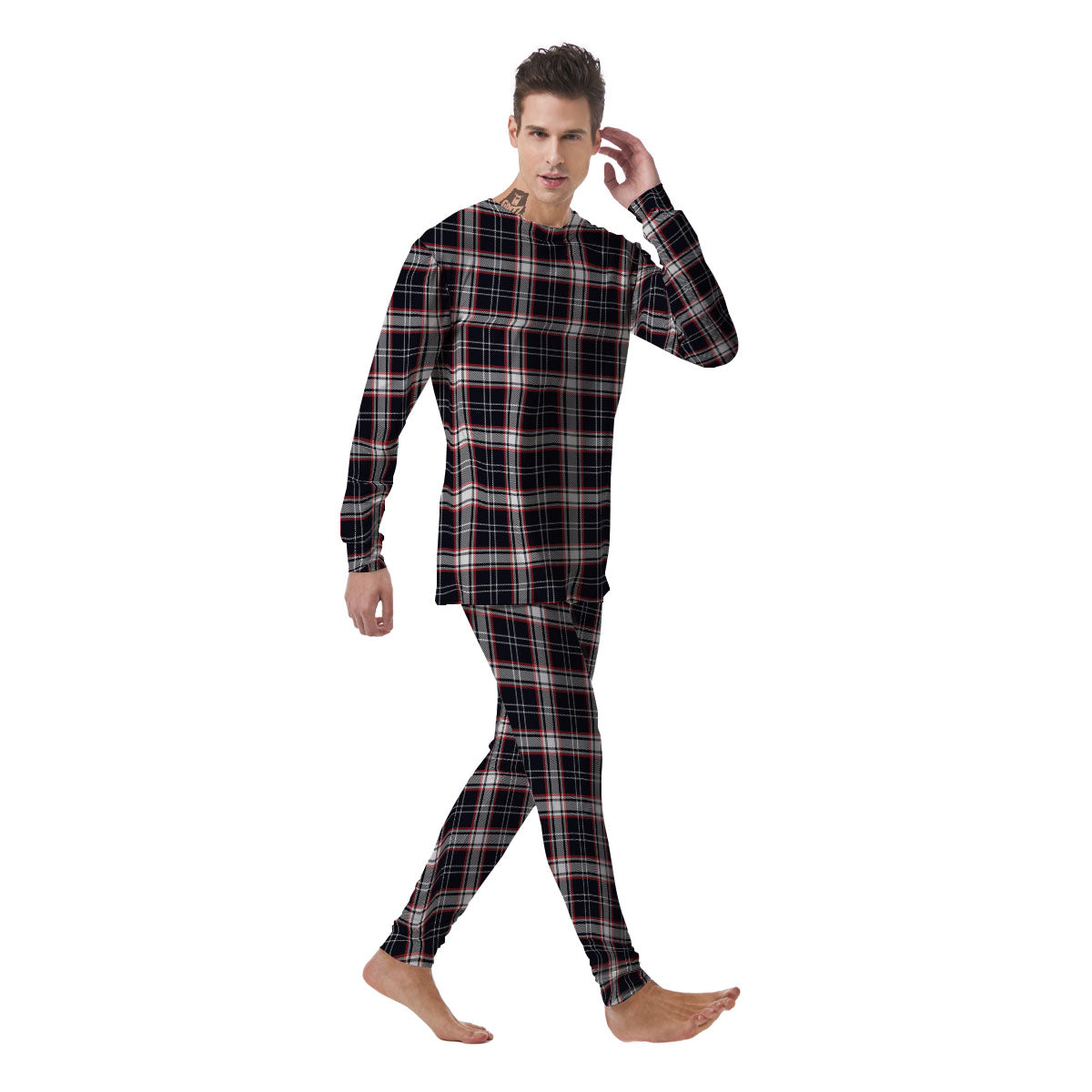 Stewart Tartan Red And Black Print Men's Pajamas-grizzshop