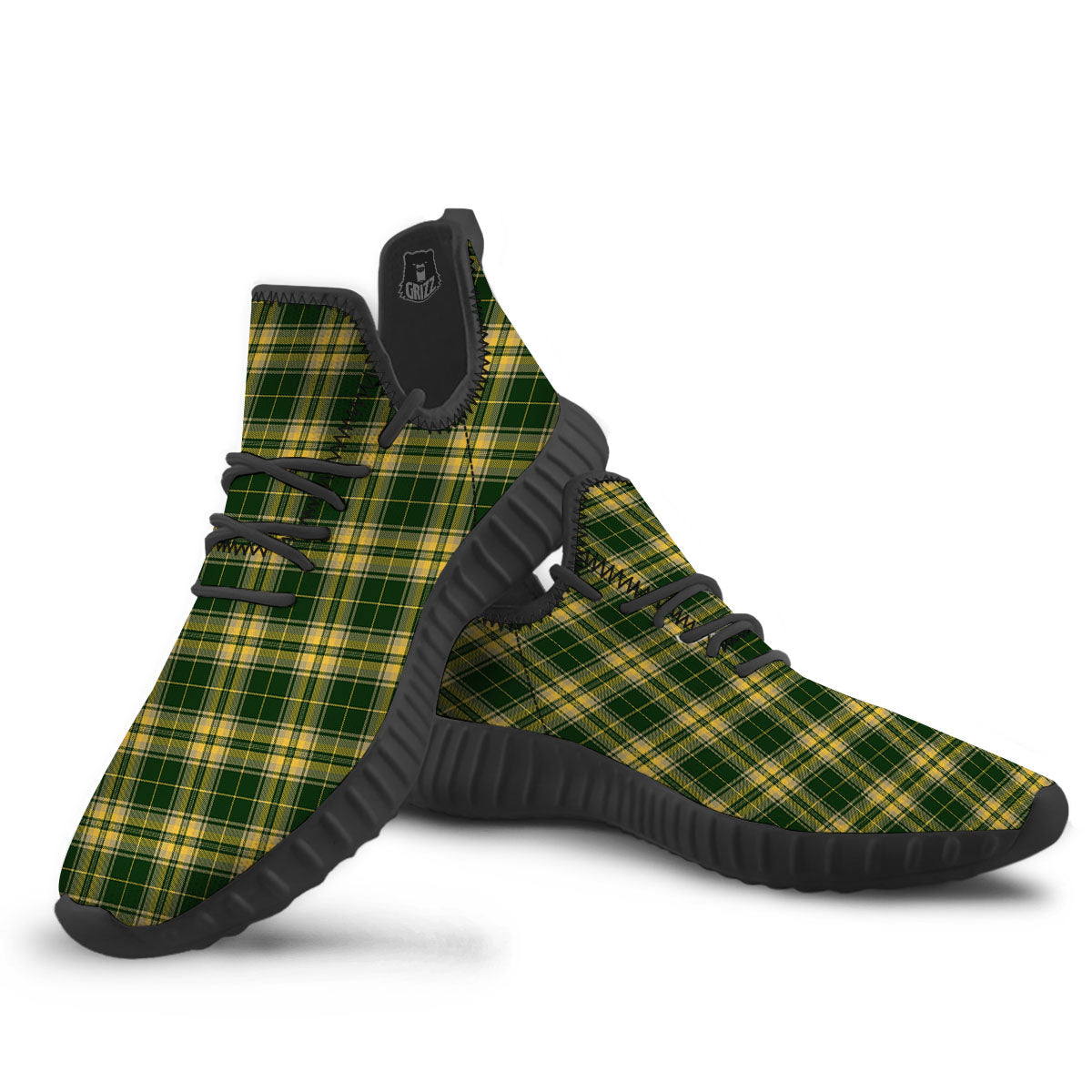 Stewart Tartan Yellow And Green Print Black Walking Shoes-grizzshop