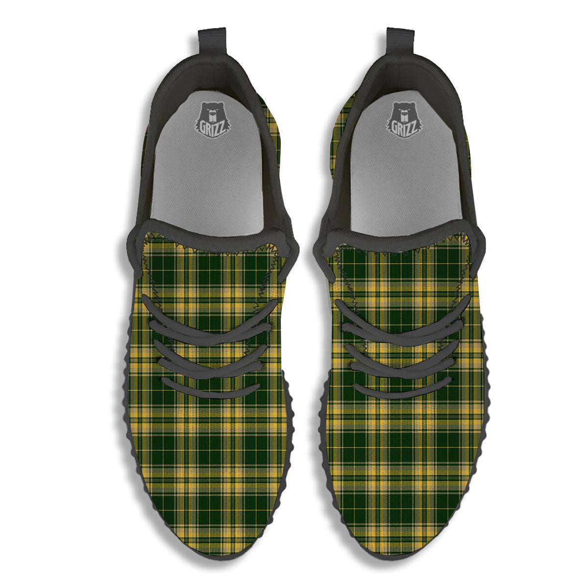 Stewart Tartan Yellow And Green Print Black Walking Shoes-grizzshop