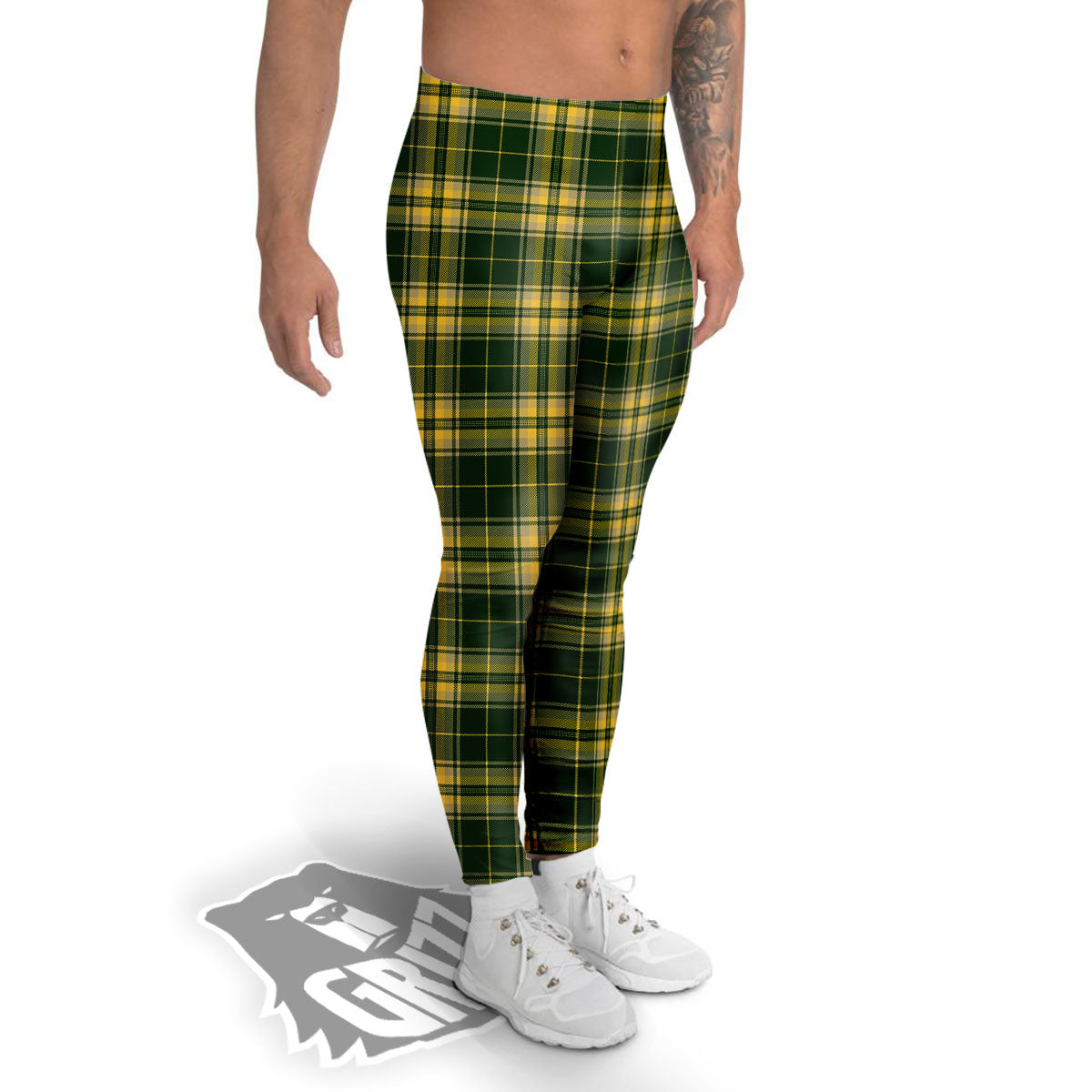 Stewart Tartan Yellow And Green Print Men's Leggings-grizzshop