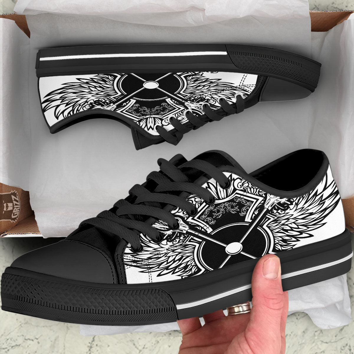 Sticks Lacrosse Ornate Wing Print Black Low Top Shoes-grizzshop