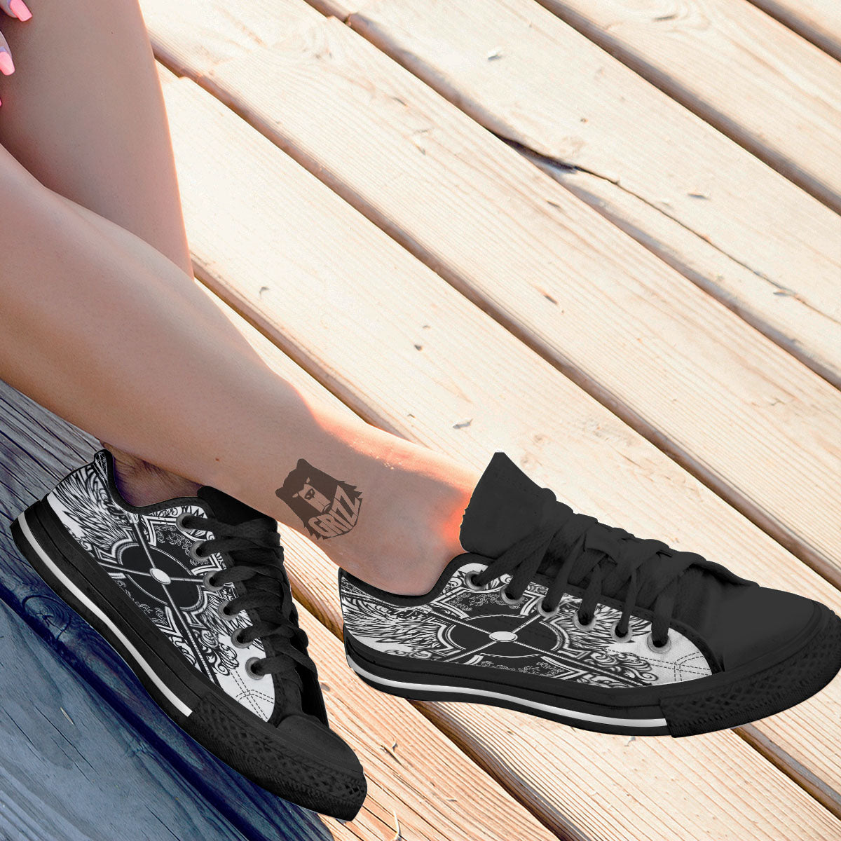 Sticks Lacrosse Ornate Wing Print Black Low Top Shoes-grizzshop