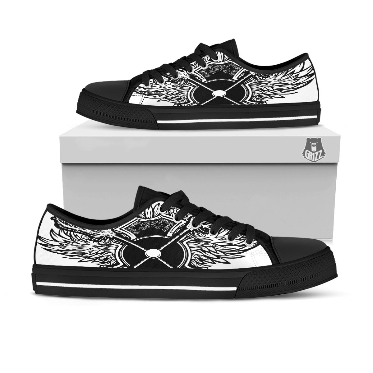 Sticks Lacrosse Ornate Wing Print Black Low Top Shoes-grizzshop