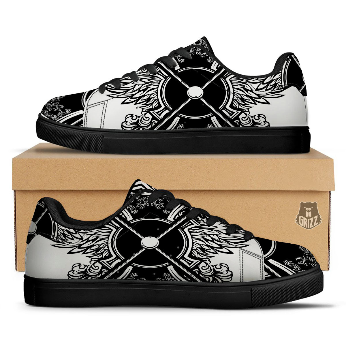 Sticks Lacrosse Ornate Wing Print Black Low Top Sneakers-grizzshop