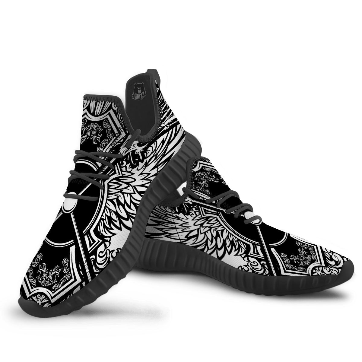 Sticks Lacrosse Ornate Wing Print Black Walking Shoes-grizzshop