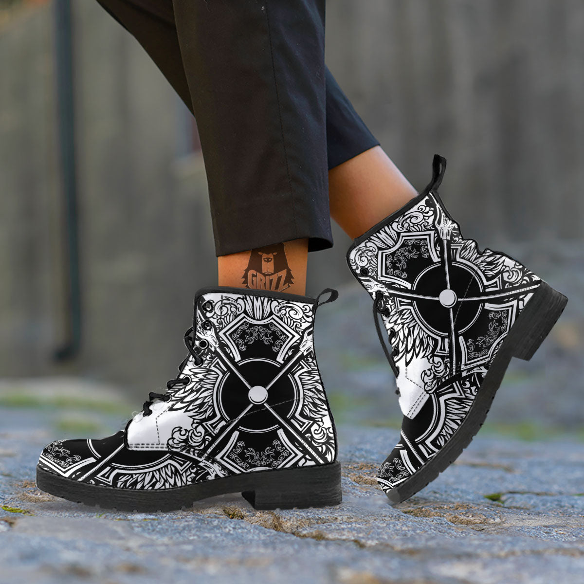 Sticks Lacrosse Ornate Wing Print Leather Boots-grizzshop