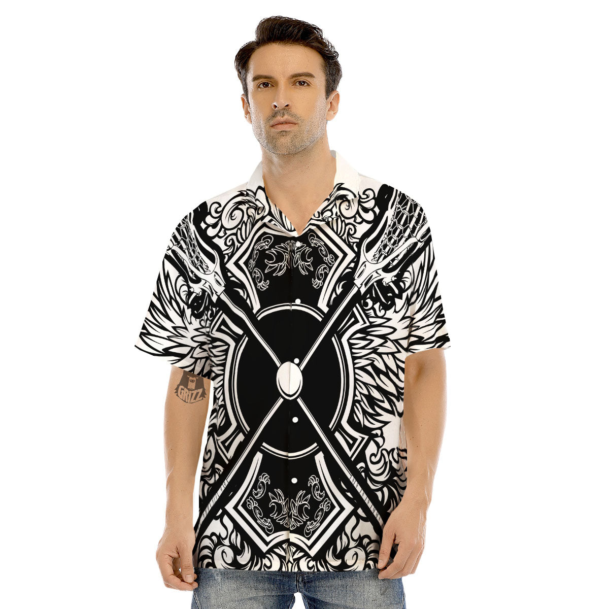 Sticks Lacrosse Ornate Wing Print Men's Hawaiian Shirt-grizzshop